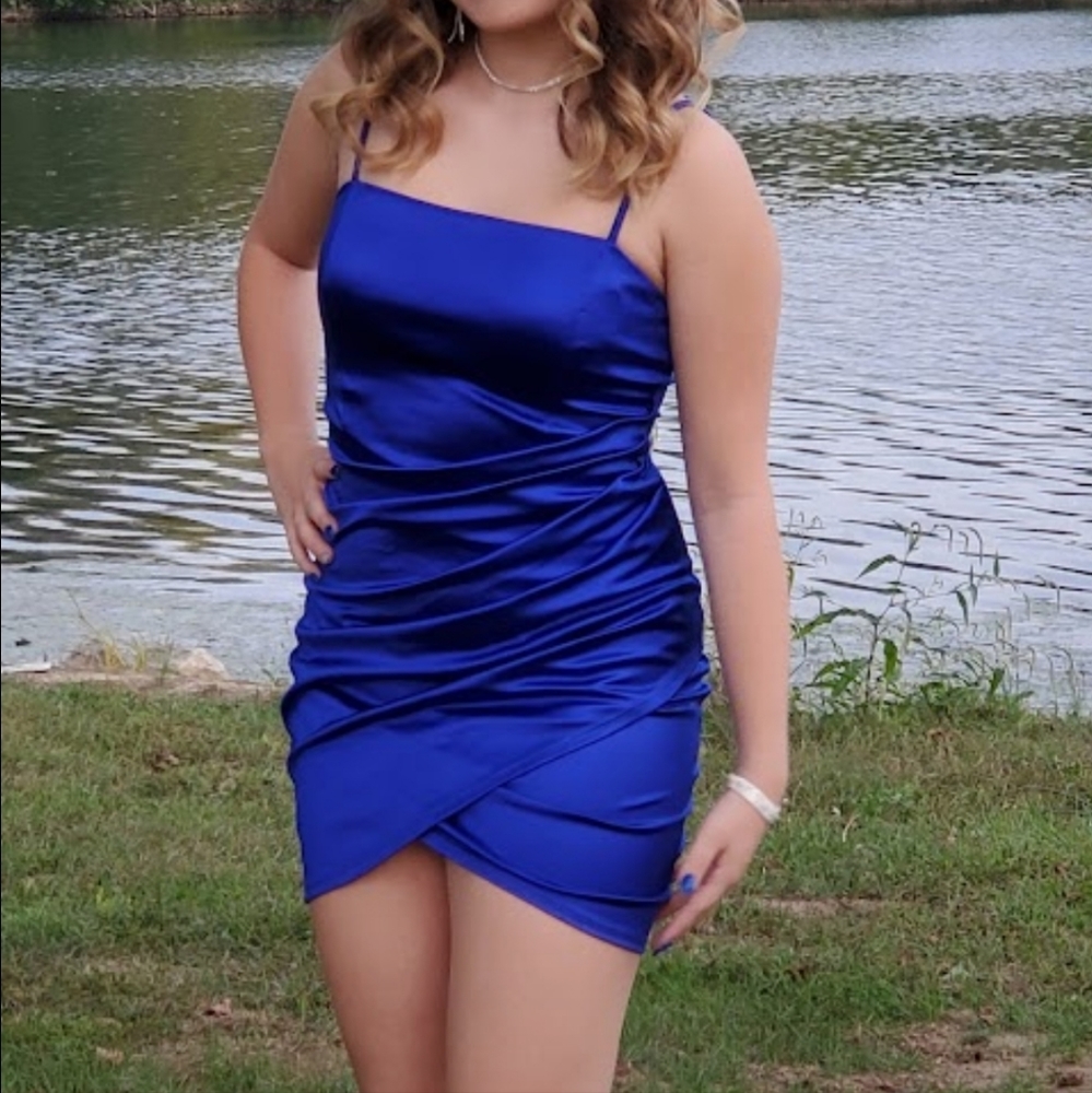 satin blue homecoming dress